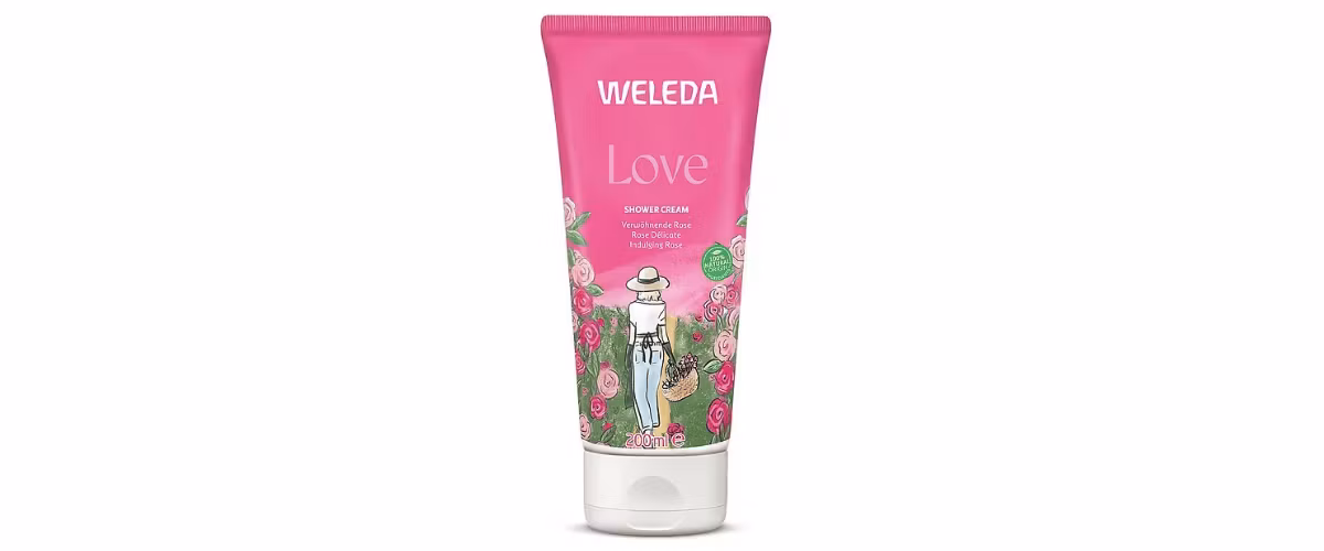 Weleda Aroma Shower Love dusjkrem med rose, jasmin og ylang ylang som rengjør huden skånsomt og etterlater den myk og velduftende.