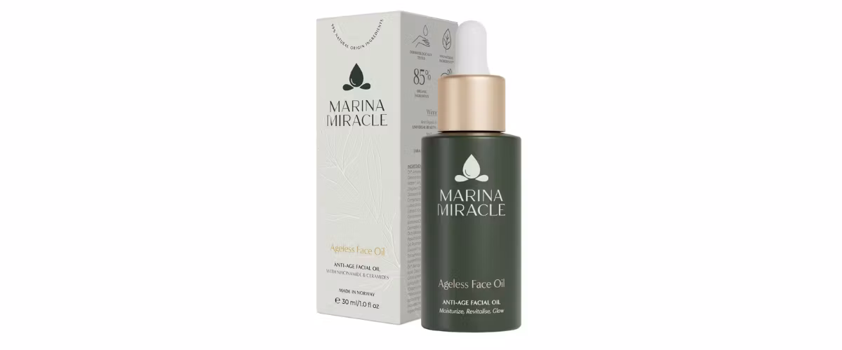 Marina Miracle Ageless Face Oil ansiktsolje med ceramider, niacinamid og bio-retinol for tørr og moden hud med behov for glød og spenst.