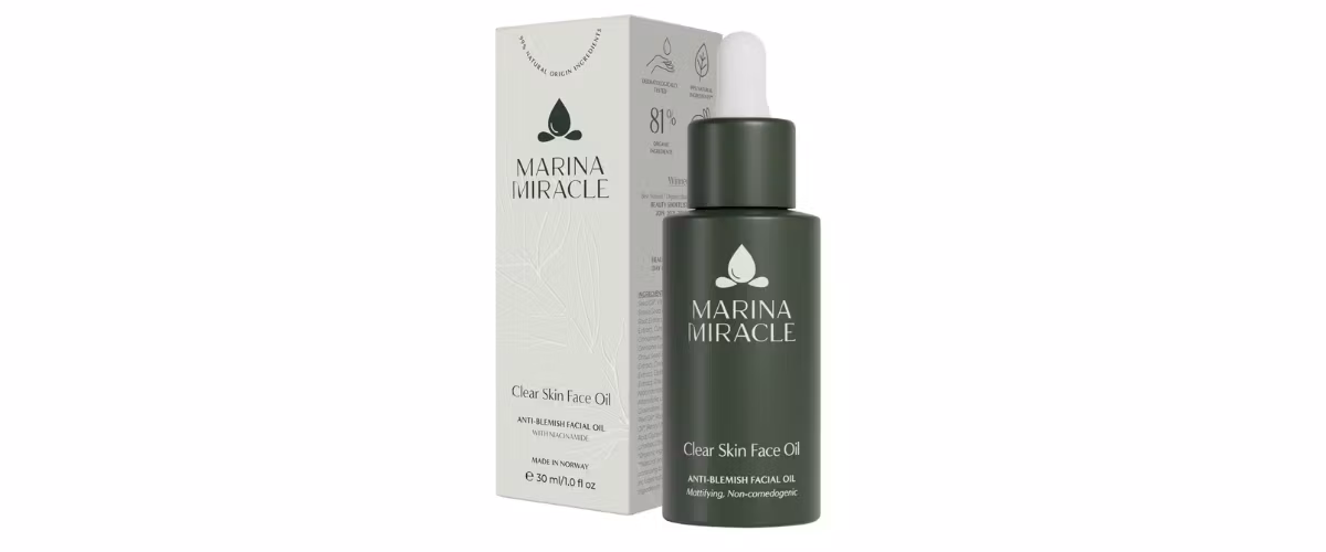 Marina Miracle Clear Skin Face Oil med niacinamid og planteoljer for fet, kombinert og akneutsatt hud som balanserer talgproduksjonen og reduserer urenheter.