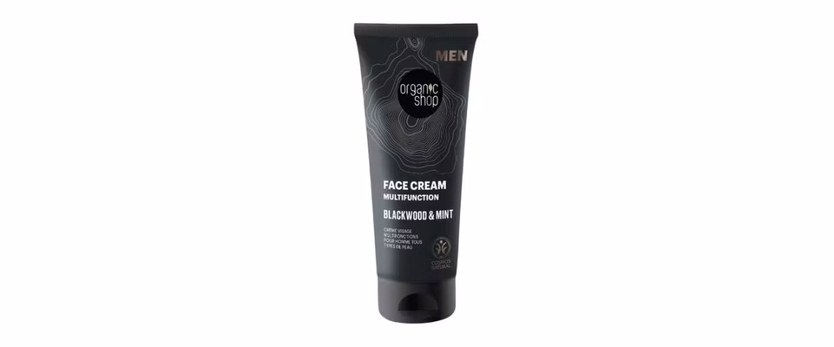 Organic Shop Blackwood & Mint 75 ml multifunksjonell ansiktskrem for menn med hyaluronsyre, aloe vera, eikebark og mynte.