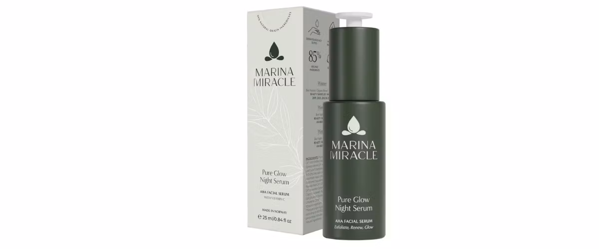 Marina Miracle Pure Glow Night Serum med vitamin C og AHA, hudfornyende nattserum for glød, jevnere hudtone og glattere hud.