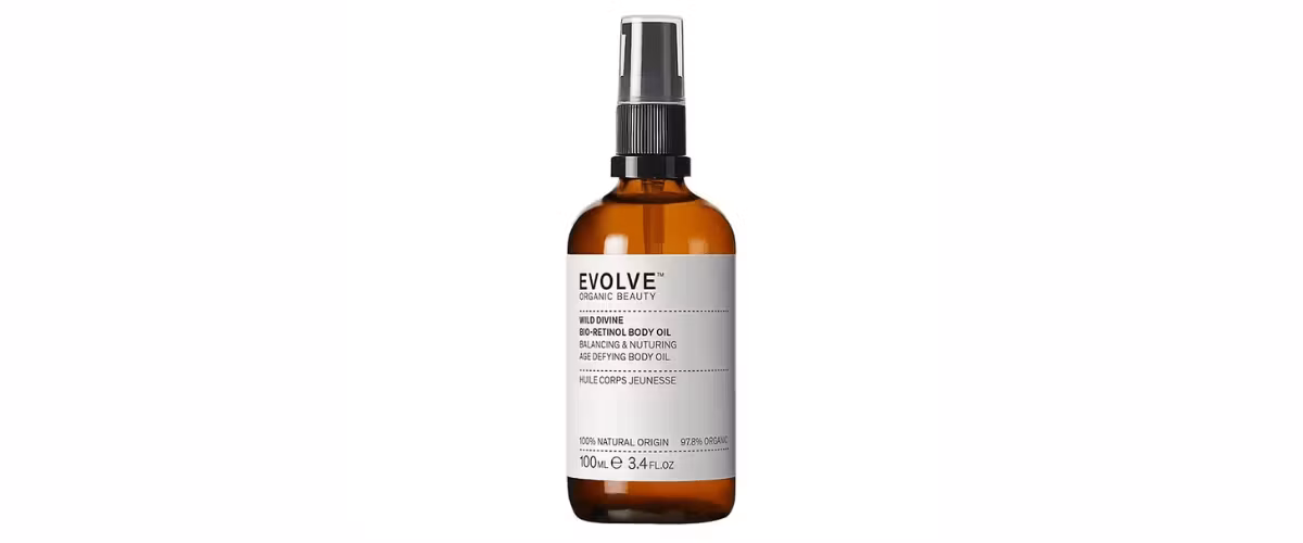 Evolve Wild Divine Bio-Retinol Body Oil naturlig anti-age kroppsolje med Bidens pilosa, arganolje og macadamiaolje for fastere og glattere hud.