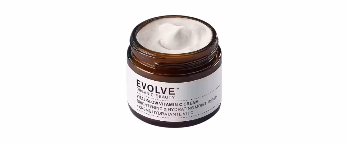 Evolve Vital Glow Vitamin C Cream økologisk ansiktskrem med C-vitamin, CICA og maca for fuktighet, jevnere hudtone og naturlig glød.