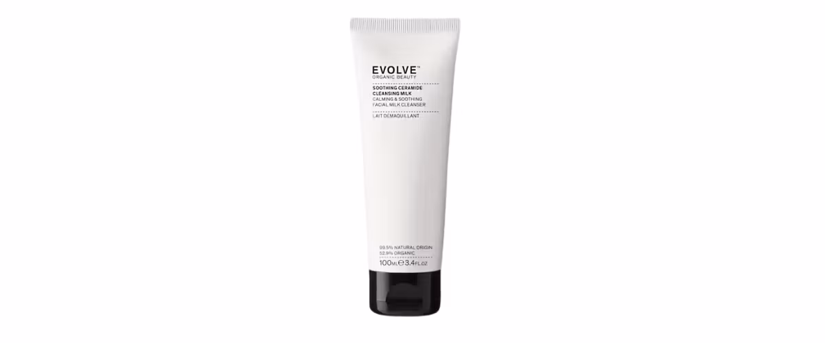 Evolve Soothing Ceramide Cleansing Milk parfymefri økologisk rensemelk med ceramider og prebiotika for sensitiv hud.