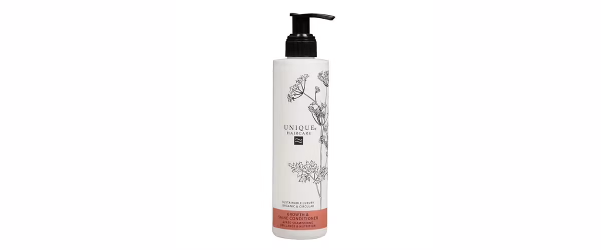 Unique Beauty Growth & Shine Conditioner økologisk og vegansk balsam for fyldigere, mykere og mer glansfullt hår.