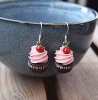 Earrings, chocolate cupcakes with pink frosting and cherries.