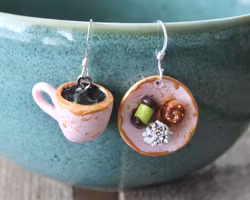 Earrings, pink coffee plate with coffee cup