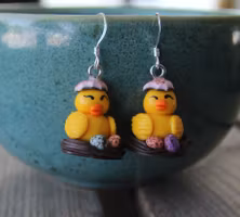 Earrings, chicks in a chocolate bird's nest with small chocolate eggs