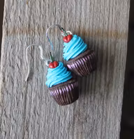 Earrings, chocolate cupcakes with turquoise frosting and cherries.