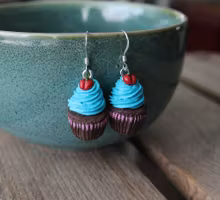 Earrings, chocolate cupcakes with turquoise frosting and cherries.