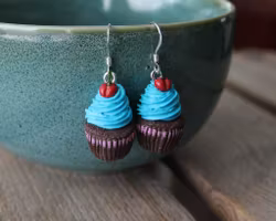 Earrings, chocolate cupcakes with turquoise frosting and cherries.