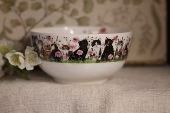 Skål med söta katter och rosa blommor