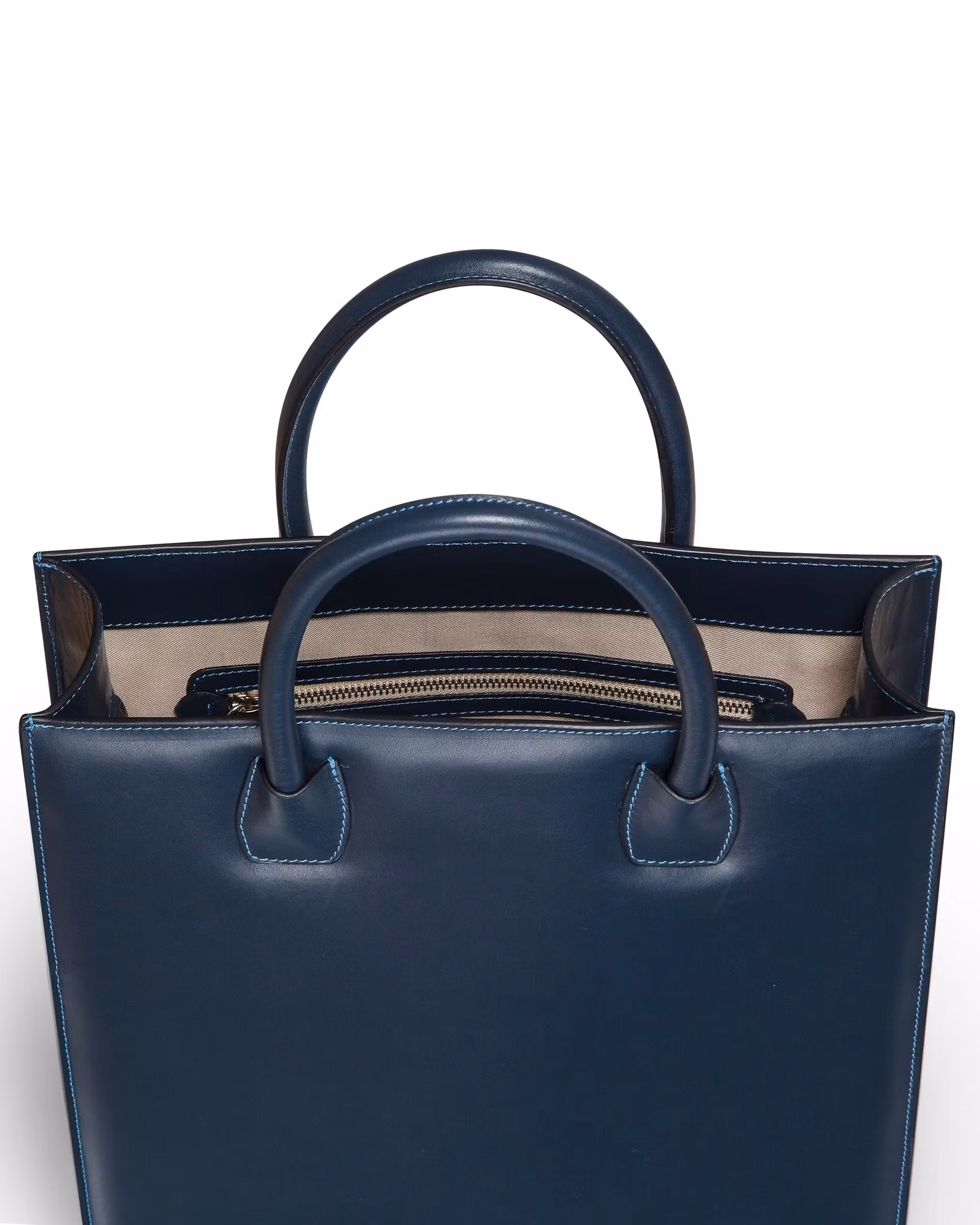 ANTON ALICE Tote Bag No 1 structured leather tote in navy blue, inside view with compartments