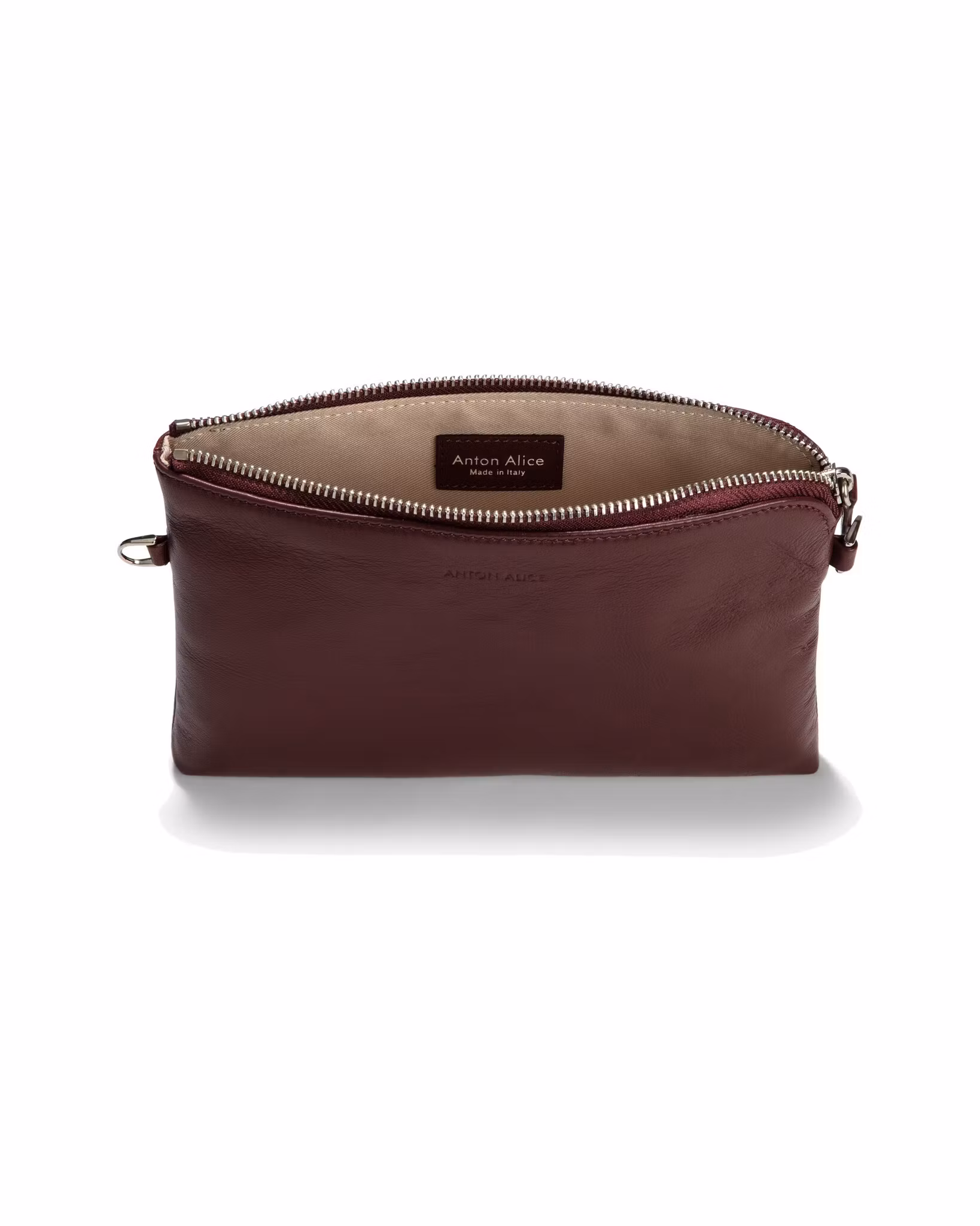 ANTON ALICE Pouch small leather bag in burgundy red, open, showing the cotton lining