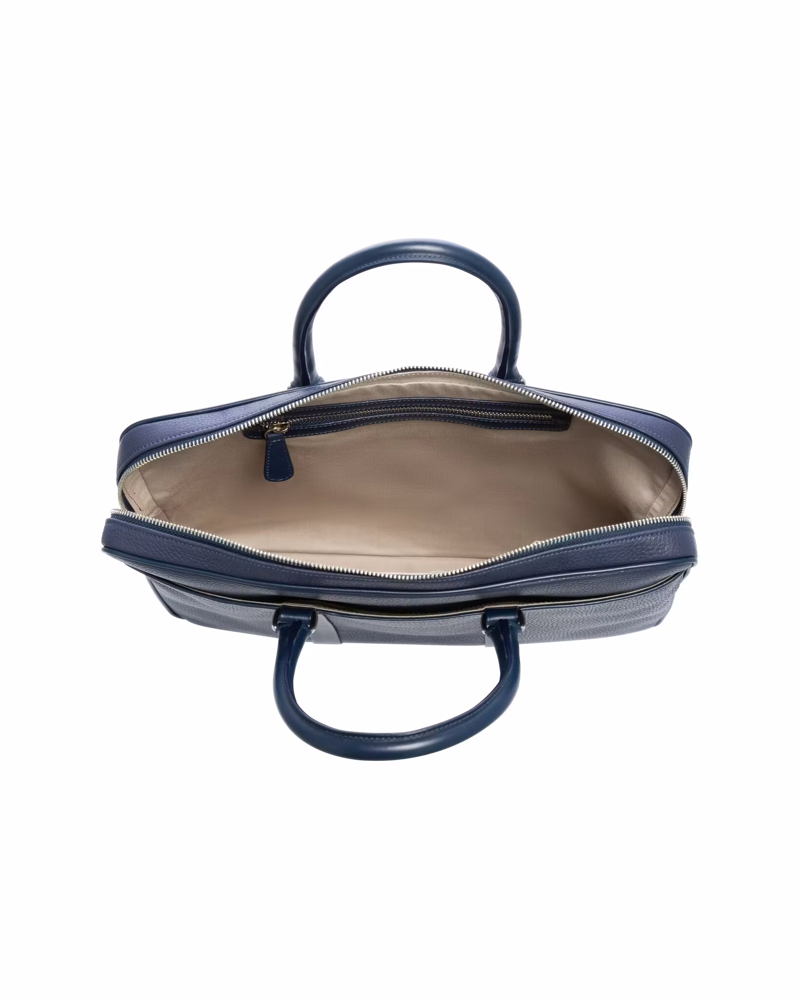 ANTON ALICE Briefcase leather laptop bag in navy blue, inside view with compartments