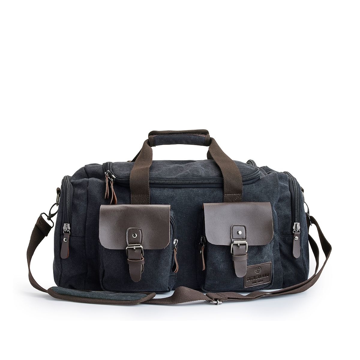 SNYGG TRENDIG DUFFELBAG MED IMITATIONSLÄDER FRÅN SUTHERLAND & SONS – SVART