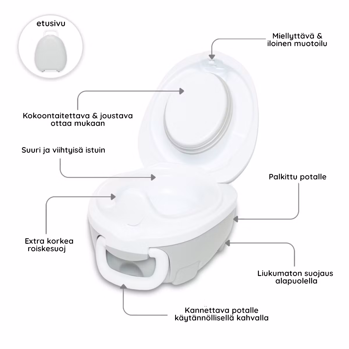 Lasten potta, WC-istuin, jakkara ja pottaharjoitteluhousut Pastellin harmaa