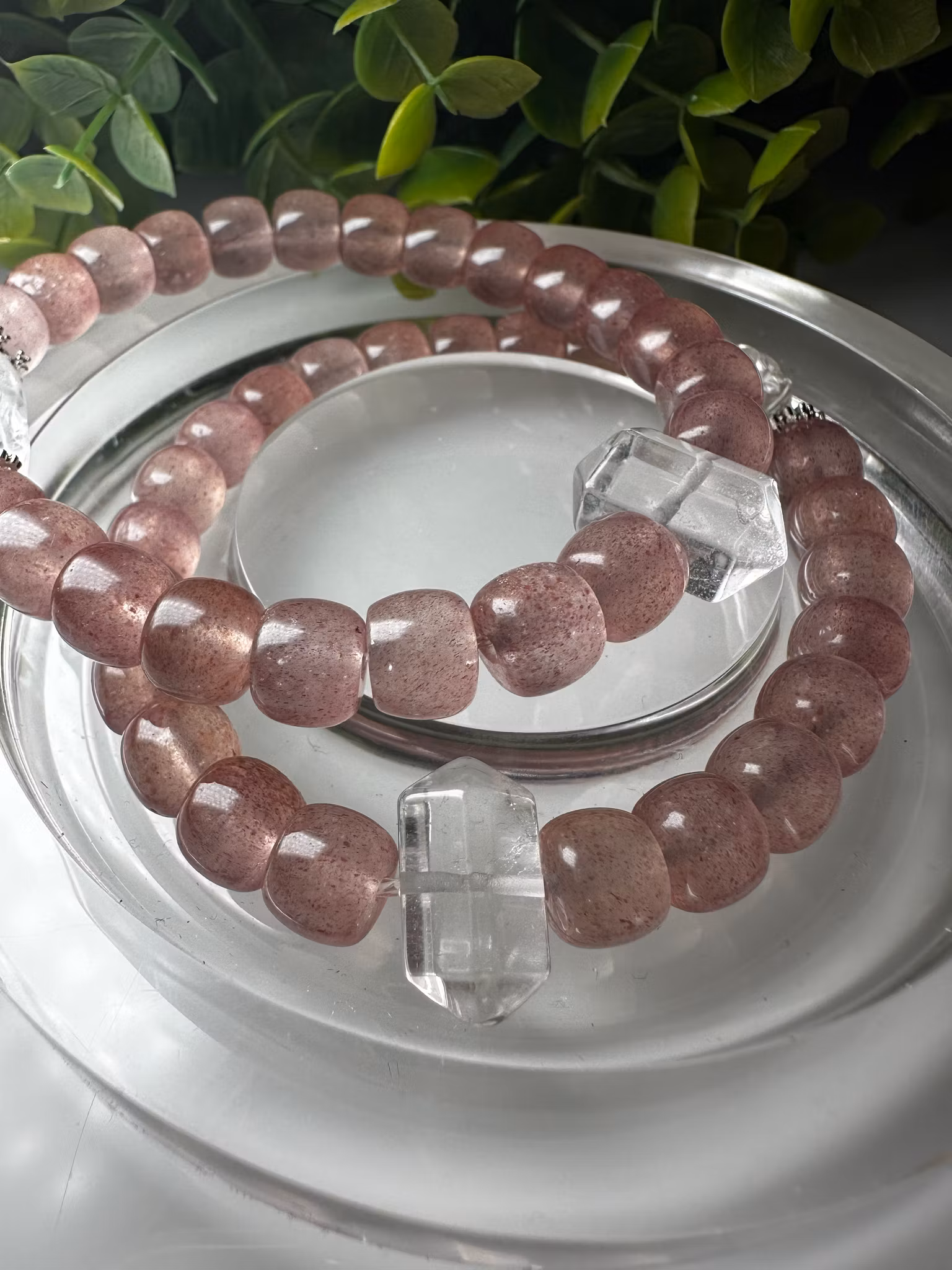 Jordgubbskvarts | Bergkristall Dubbelterminerad Armband | 925 Sterling Silver med Moissanite | 8 mm