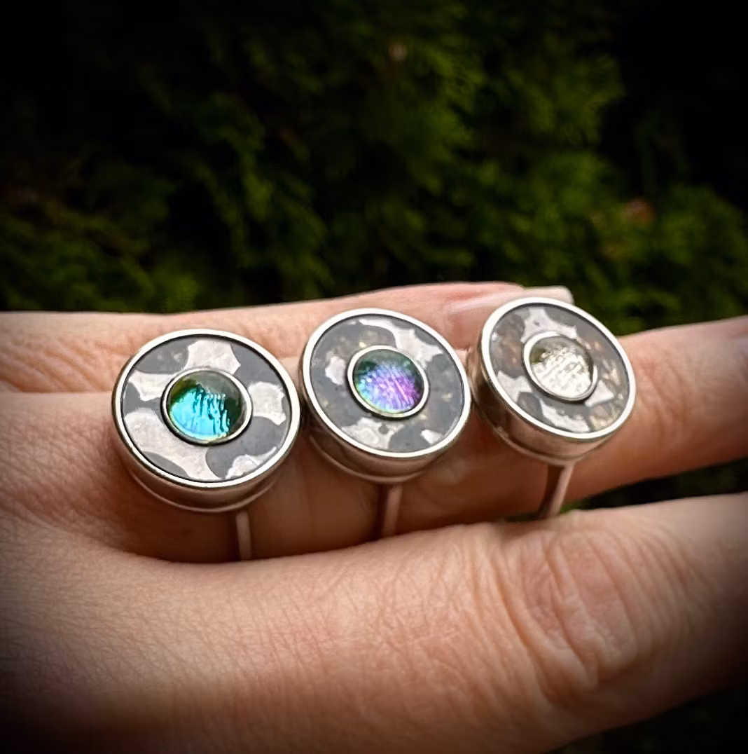 Muonionalusta med Pallasit ( Meteorit ) Spinner / Fidget Ring 925 Sterling Silver