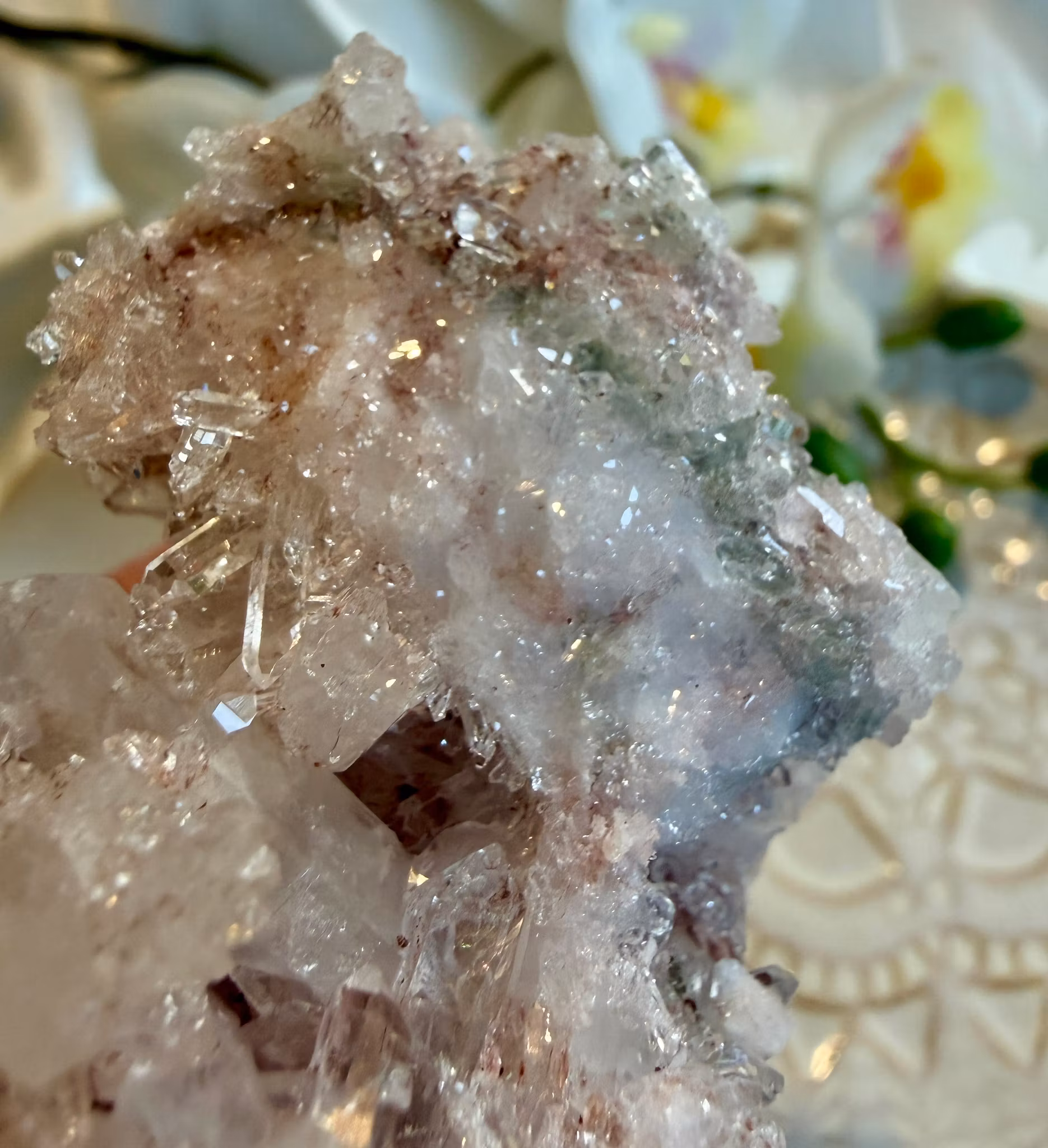Sällsynt Colombiansk Rosa Lemurian Kluster med Fadenkvarts HK ( Samlarobjekt )