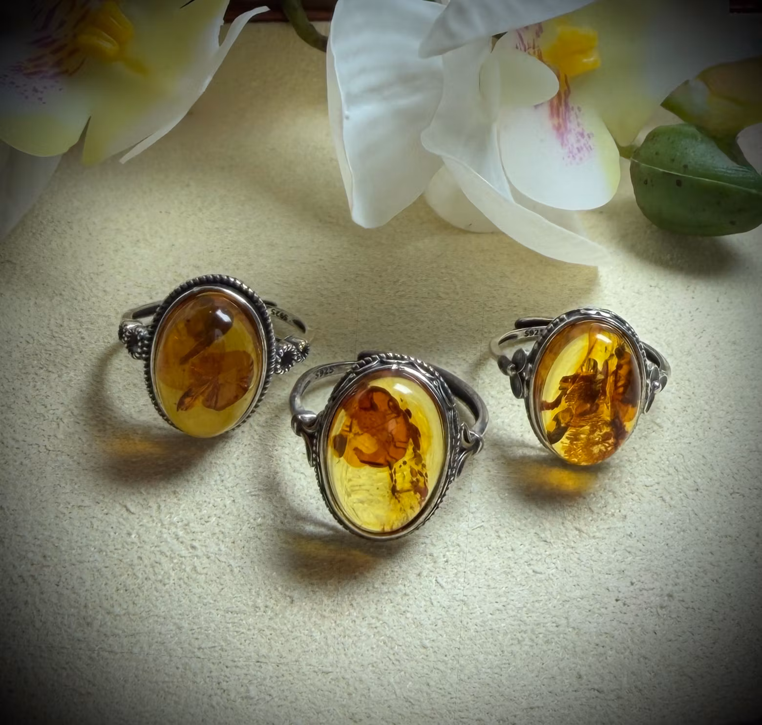 Fossil Bärnsten Ring | 925 Oxiderat Sterling Silver | Myanmar