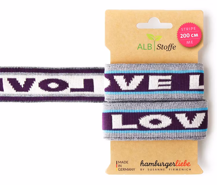 Hamburger Liebe elastiska band LOVE Lila med blå och silvriga band