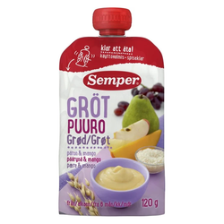 Semper Äter Gröt med frukt i klämpåse 6M 120 g - Päron & Mango