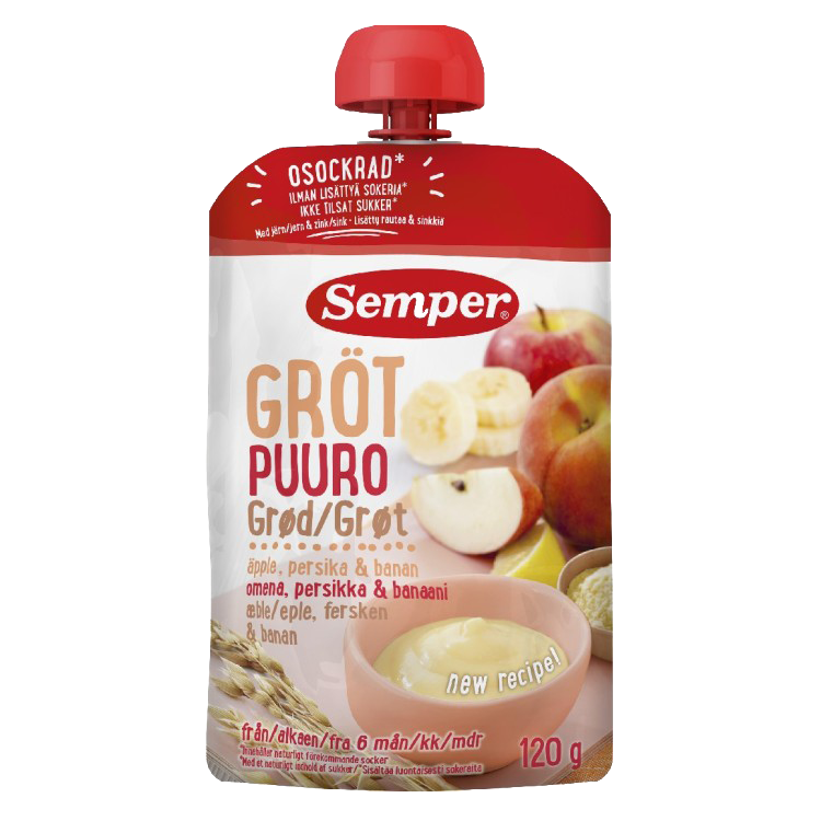 Semper Äter Gröt med frukt i klämpåse 6M 120 g - Jordgubb & Banan