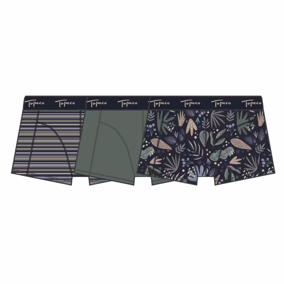 TOPECO Men’s Regular Boxer 3 Pack Multi, tre boxershorts i olika färger upplagda i rad på vit bakgrund