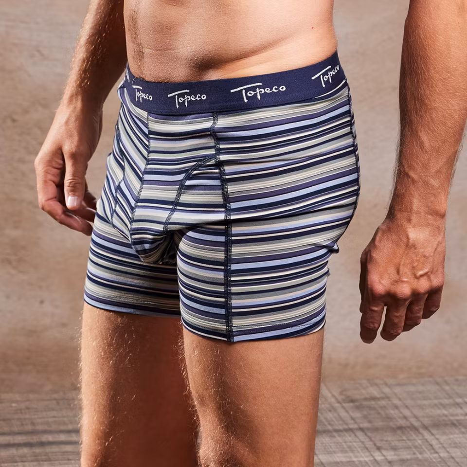 TOPECO Men’s Regular Boxer 3 Pack Multi, närbild på modell som bär boxershorts, fokus på passform och midja