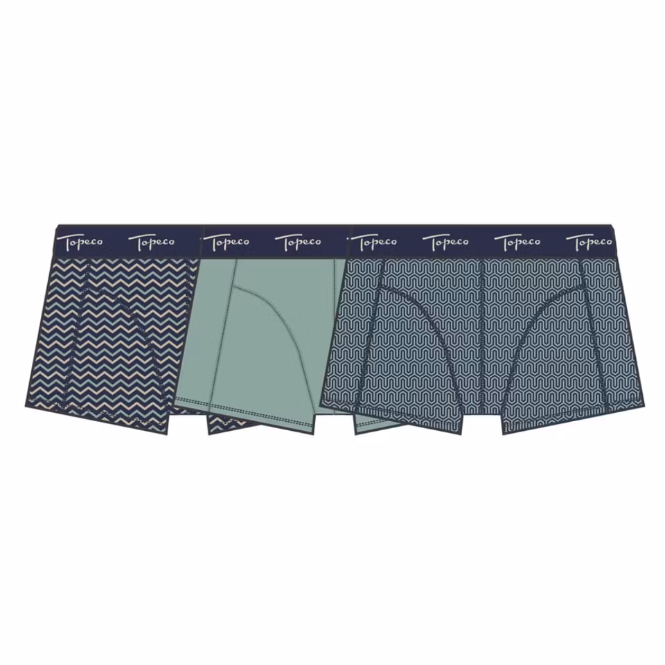 TOPECO Boxer Shorts 3 Pack Regular Fit Multi, tre kalsonger i olika färger upplagda i rad på vit bakgrund