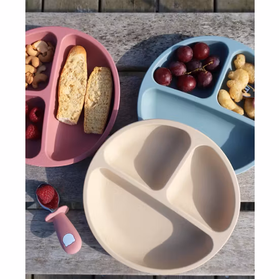 BabyBloom Tredelad Barntallrik Med Sugpropp Mörkblå