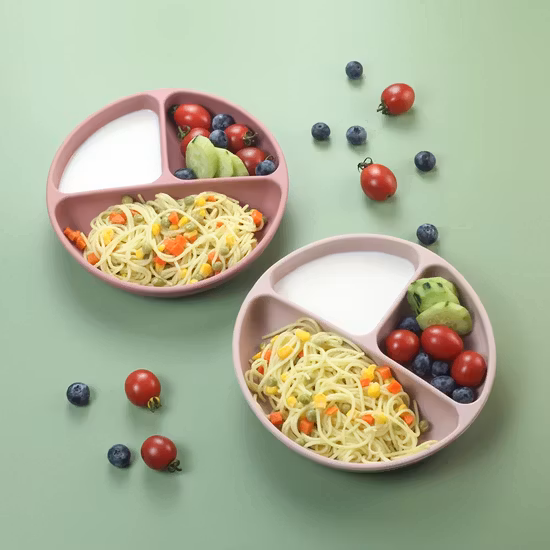 BabyBloom Tredelad Barntallrik Med Sugpropp Mörkblå