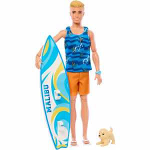 Ken docka med surfbräda och hundvalp