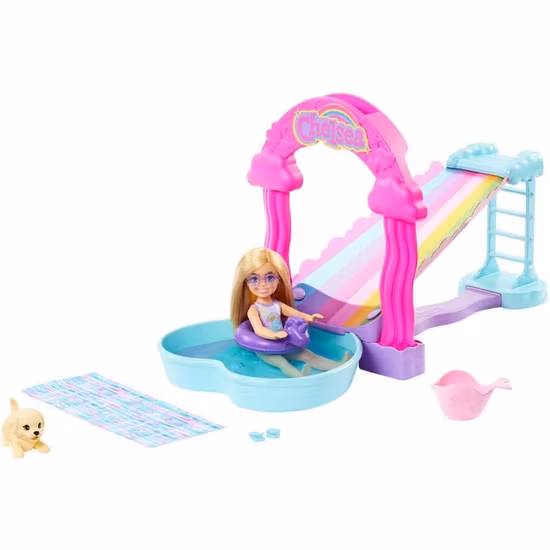Barbie Chelsea lekset med regnbågsfärgad vattenrutschkana