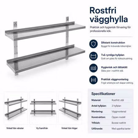 Vägghylla BERG Basic300, 2st hyllplan. Mått BxDxH: 1400x300x700mm
