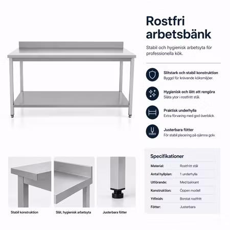 Rostfri arbetsbänk BERG Basic, plåthylla. Mått BxDxH: 1600x600x850mm