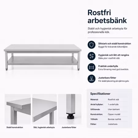 Rostfri grillbänk BERG Basic, plåthylla. Mått BxDxH: 1600x700x600mm