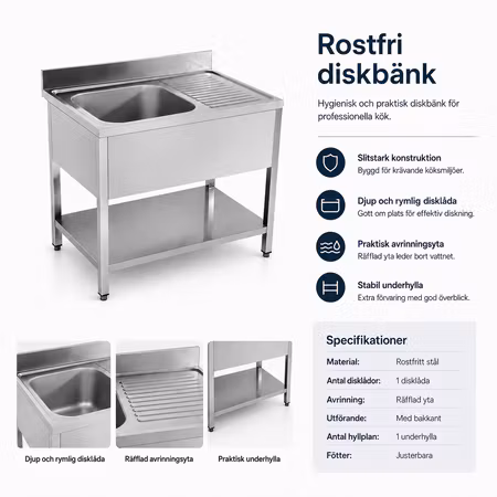 Rostfri diskbänk BERG Basic, disklåda VÄ sid, plåthylla. Mått BxDxH: 1200x700x850mm