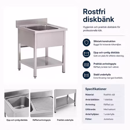 Diskbänk BERG Basic, disklåda centrerad, plåthylla. Mått BxDxH: 600x700x850mm