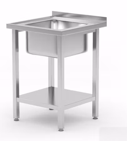 Diskbänk HENDI KL med plåthylla, uppvikt bakkant, disklåda centrerad. Mått BxDxH: 600x600x850mm