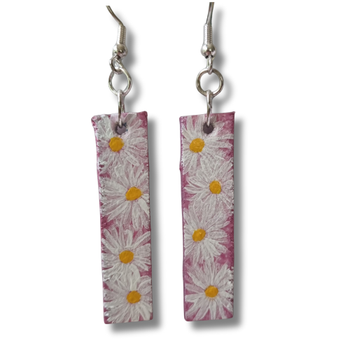 Örhängen, läder/handmålade blommor, rosa-vit