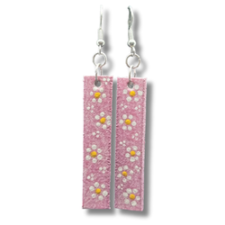 Örhängen, läder/handmålade blommor, rosa-vit-gul