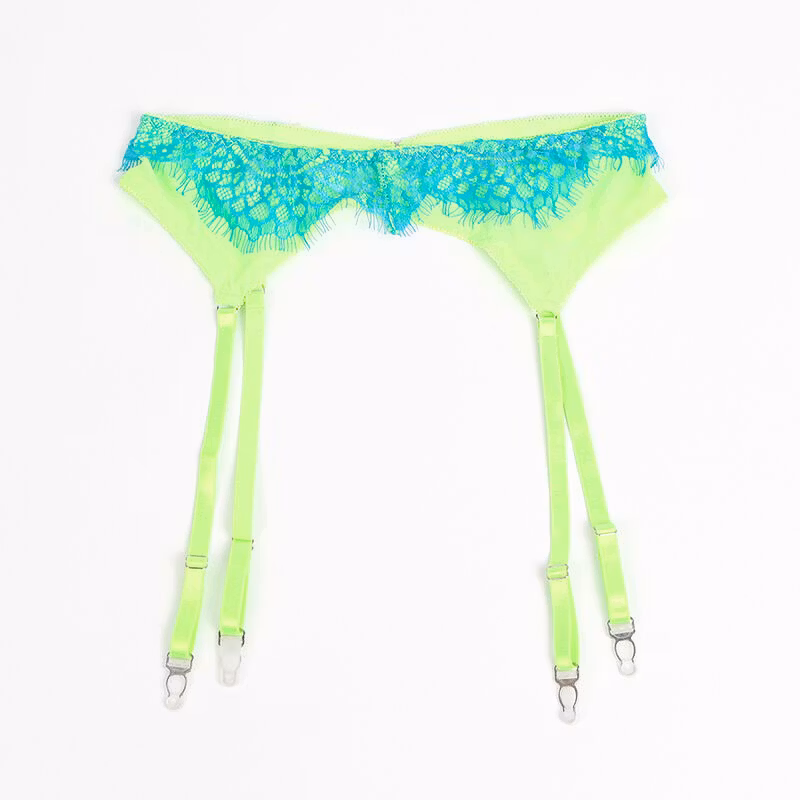 Sexigt BH-set med spets och strumpeband – Subblime grönt och blått underklädesset för dam i storlek S/M