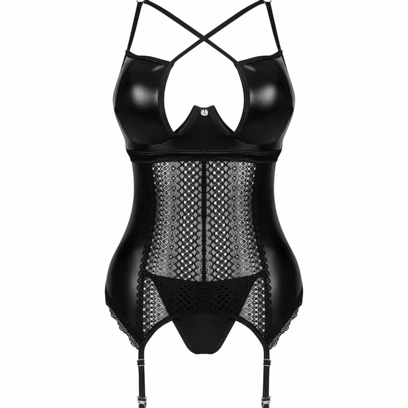 svart latex korsett med strumpeband och stringtrosa