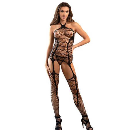 Sublime Grenlös Bodystocking i Fishnet med Öppen Rygg i Svart (One Size) – Sexig & Förförisk Lingerie för Passionerade Nätter