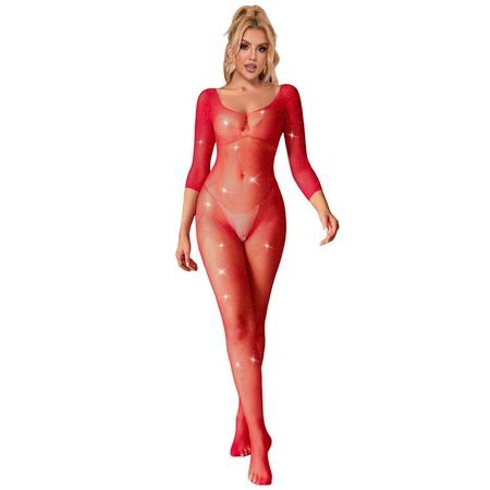 Sublime Långärmad Bodysuit i Rött Diamantnät – Sexig & Förförisk Lingerie för Passionerade Stunder