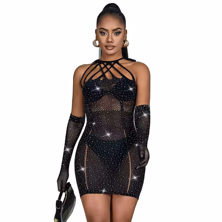 Sublime 952235 Fishnet Klänning med Strass i Svart (One Size) – Sexig & Förförisk Lingerie för Passionerade Stunder