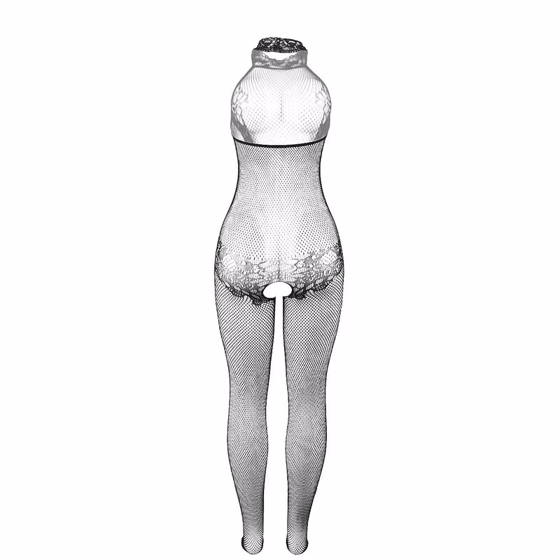 Sensuell svart bodystocking i nät och spets med hög krage – erotisk underklädesdesign från SUBBLIME