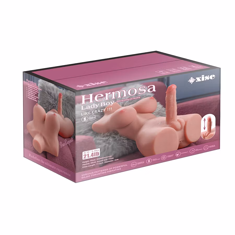 Detaljerad 49 cm XISE Ladyboy torso med realistisk dildo, hudtextur och ergonomisk design för solo eller par